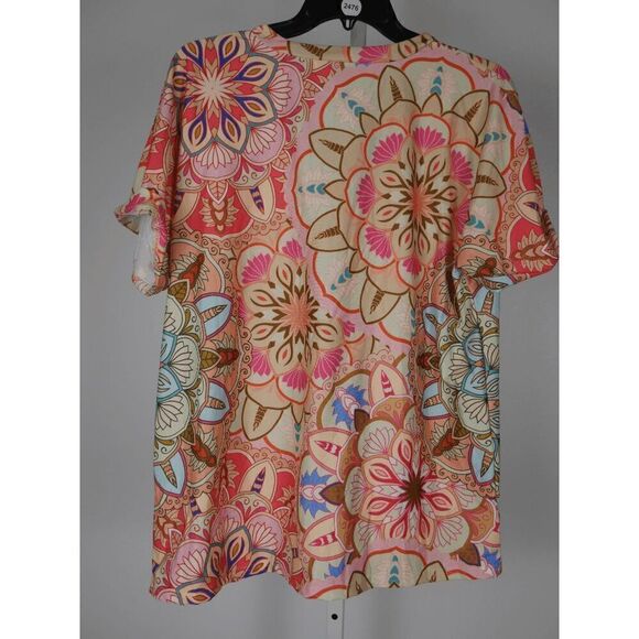 Women's Pink & Orange V-neck Button Accent Short Sleeve Top XL - Picture 3 of 8